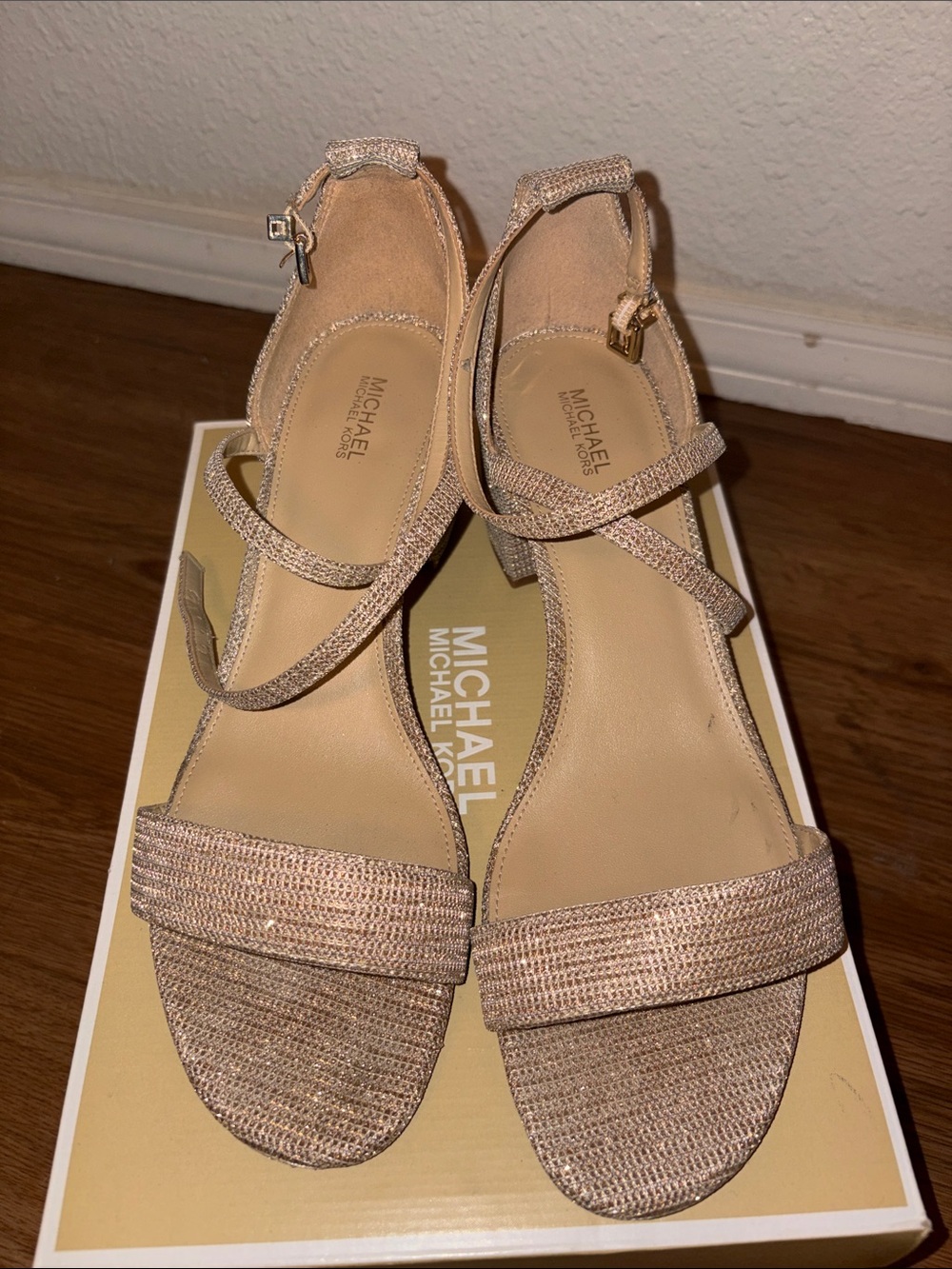 Michael Kors Sparkle Strappy Block Heel Sandals in Champagne Gold